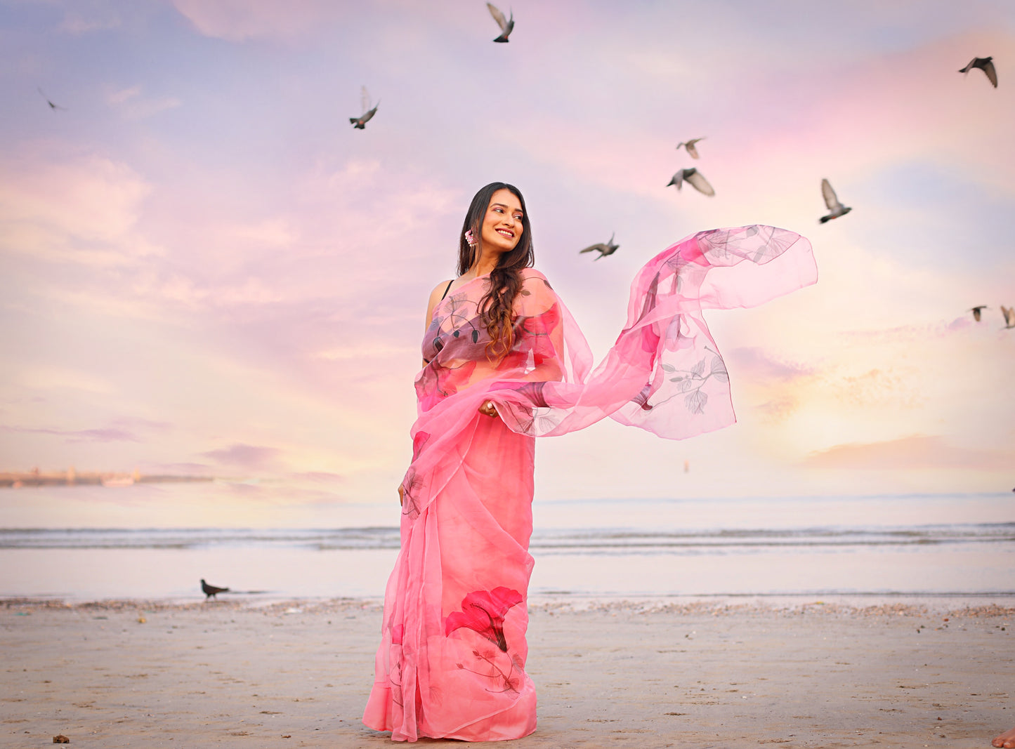 Dark Pink Florals on Organza Hand-painted Saree-009