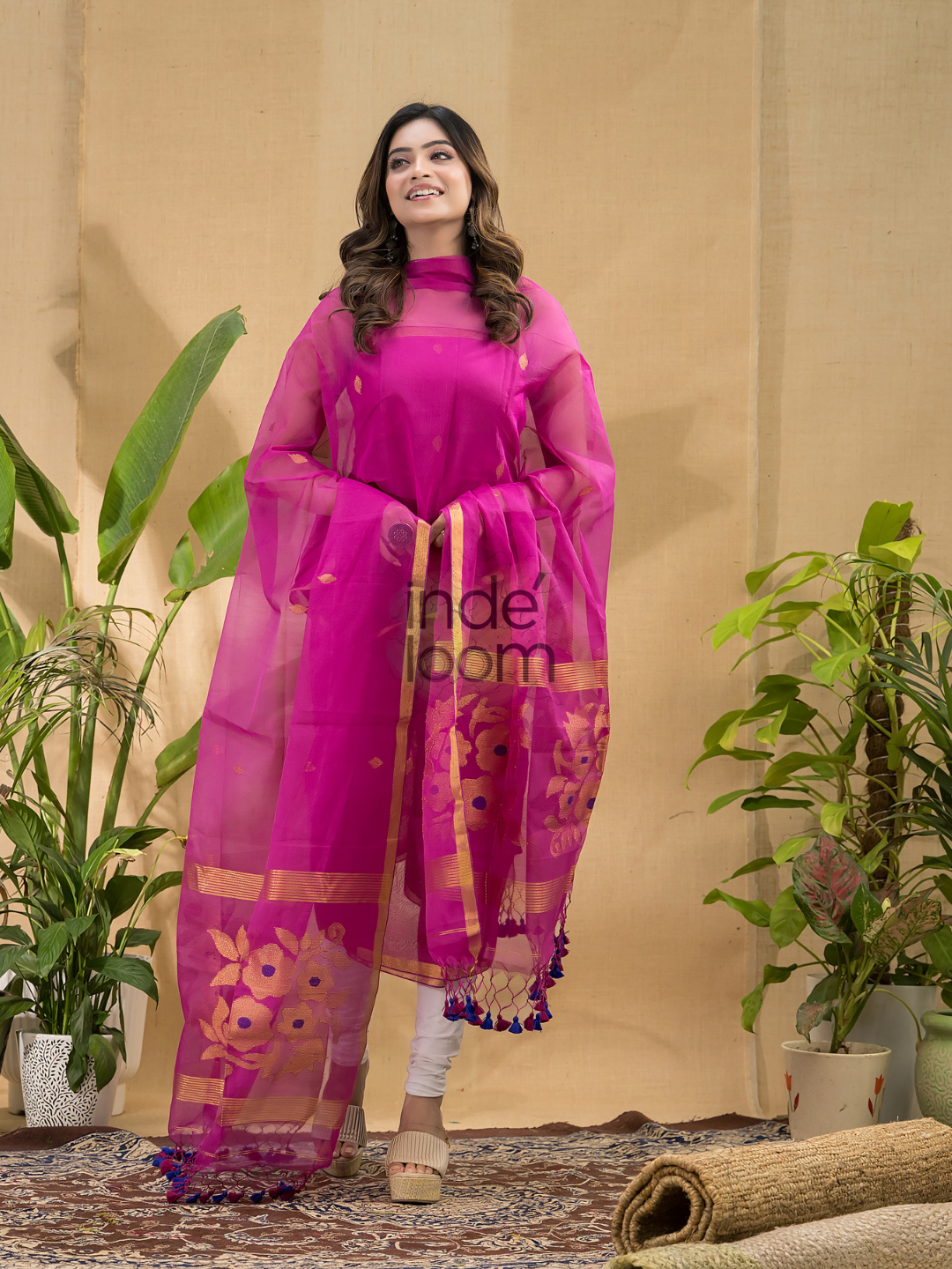 Deep Pink Jamdani 2-Piece Set Kurti & Dupatta (UNSTITCHED) -799