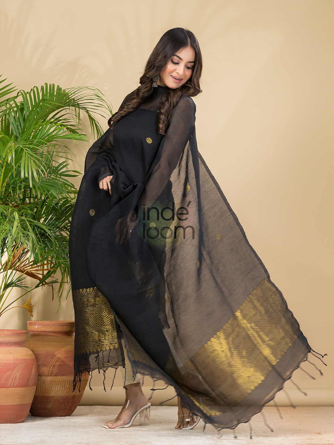 Dark Black Muslin Linen 2-Piece Set Kurti & Dupatta (UNSTITCHED) - 865