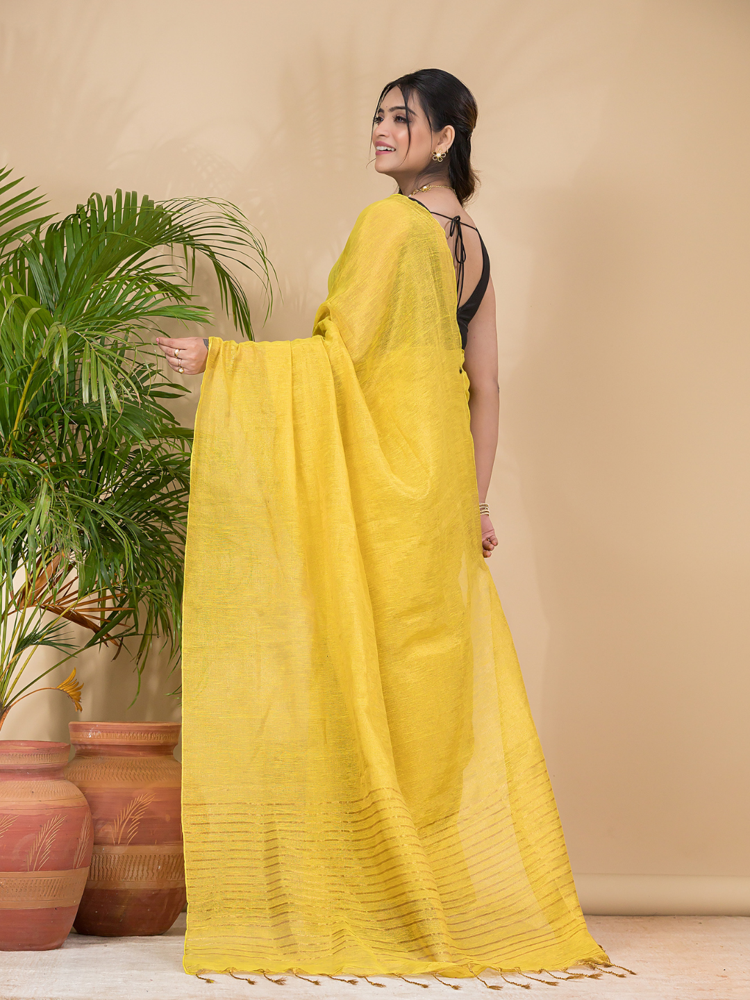 Tissue Linen Handloom Saree With Corn Yellow - 021