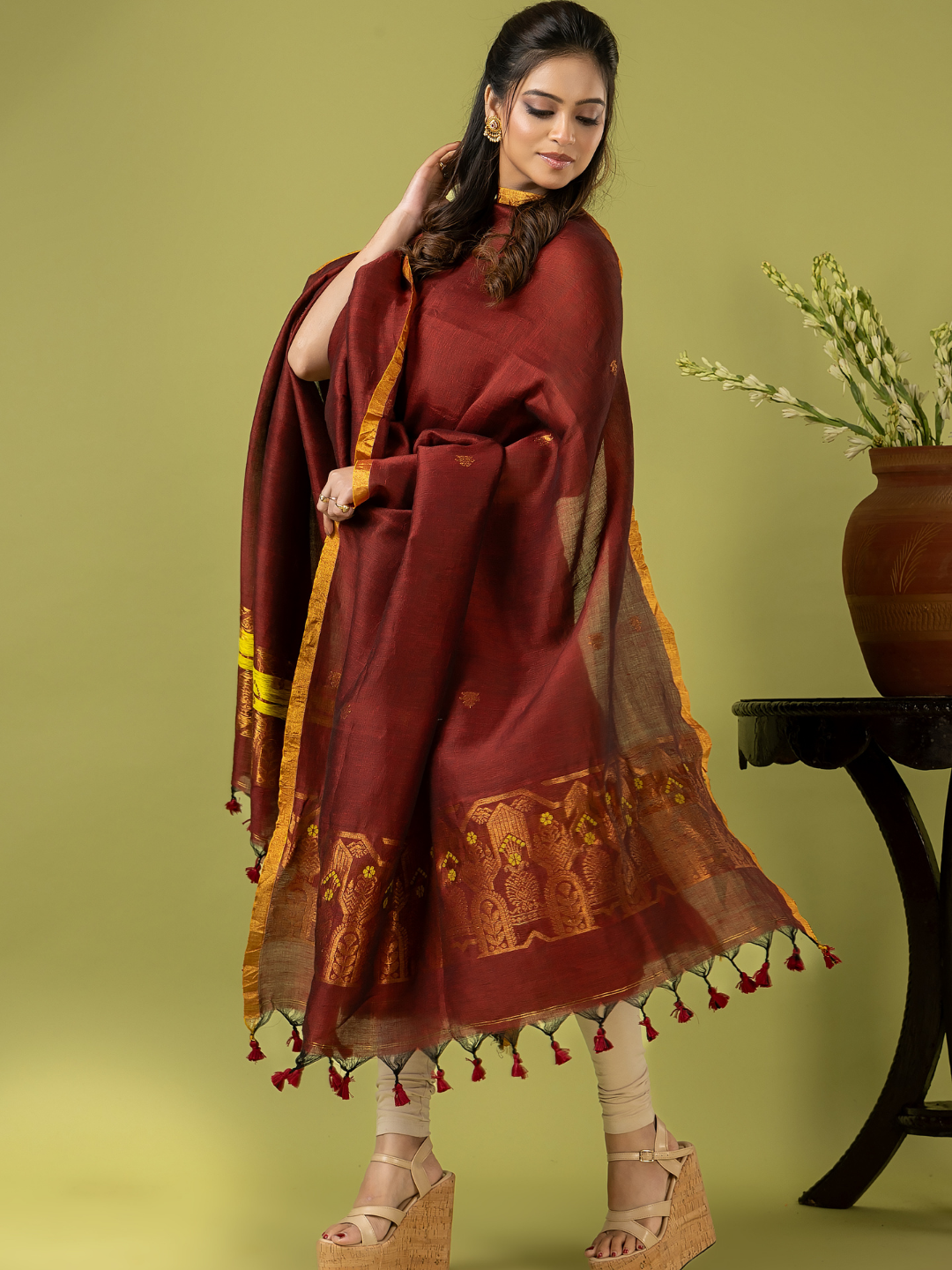 Handwoven Jamdani Linen Unstitched 2-piece Kurti | Deep Red