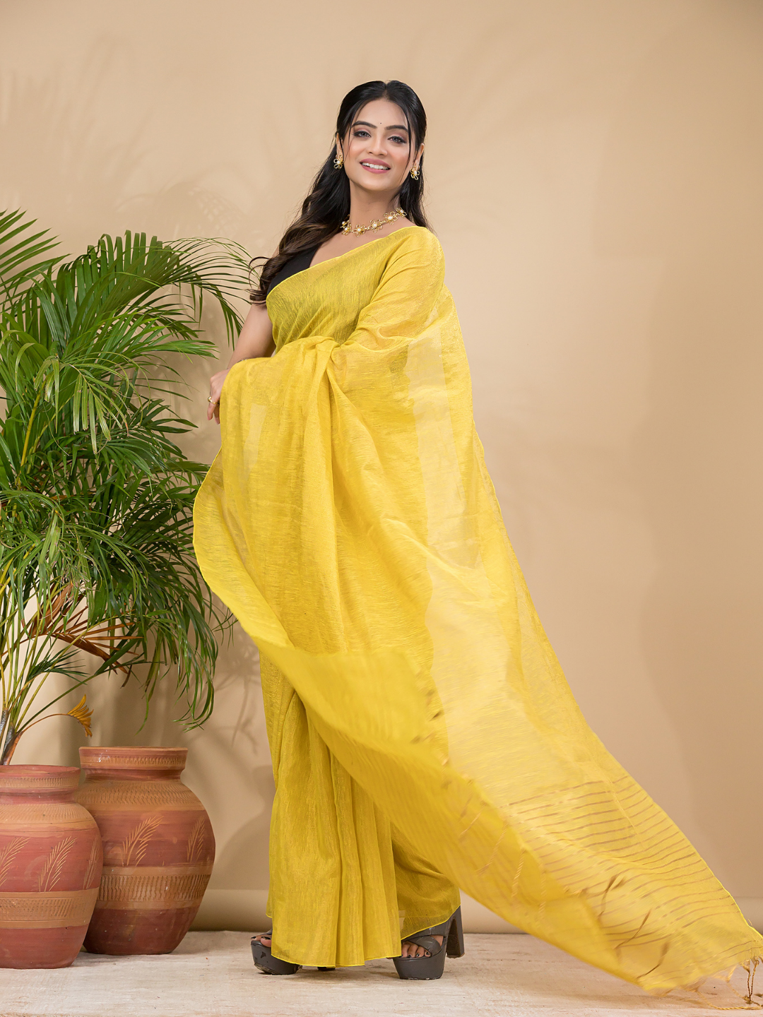 Tissue Linen Handloom Saree With Corn Yellow - 021