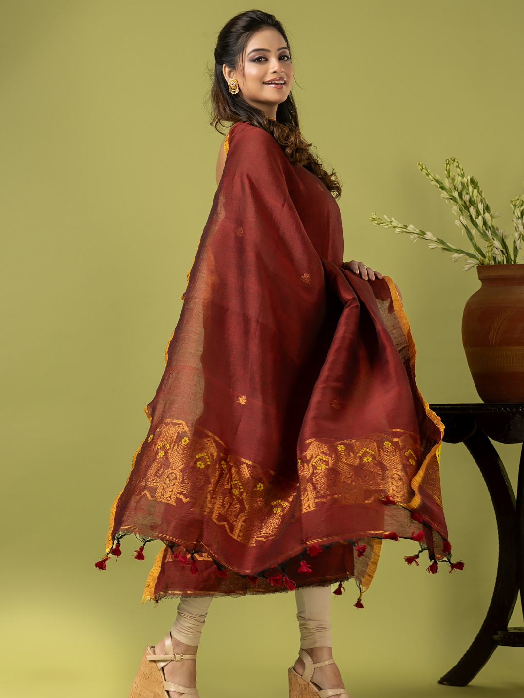 Handwoven Jamdani Linen Unstitched 2-piece Kurti | Rust Maroon