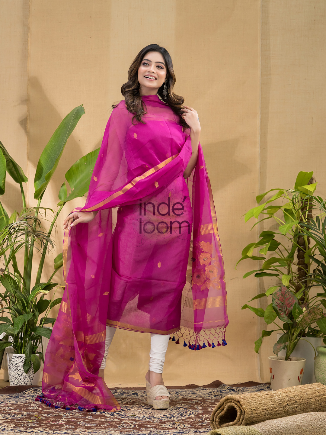 Deep Pink Jamdani 2-Piece Set Kurti & Dupatta (UNSTITCHED) -799