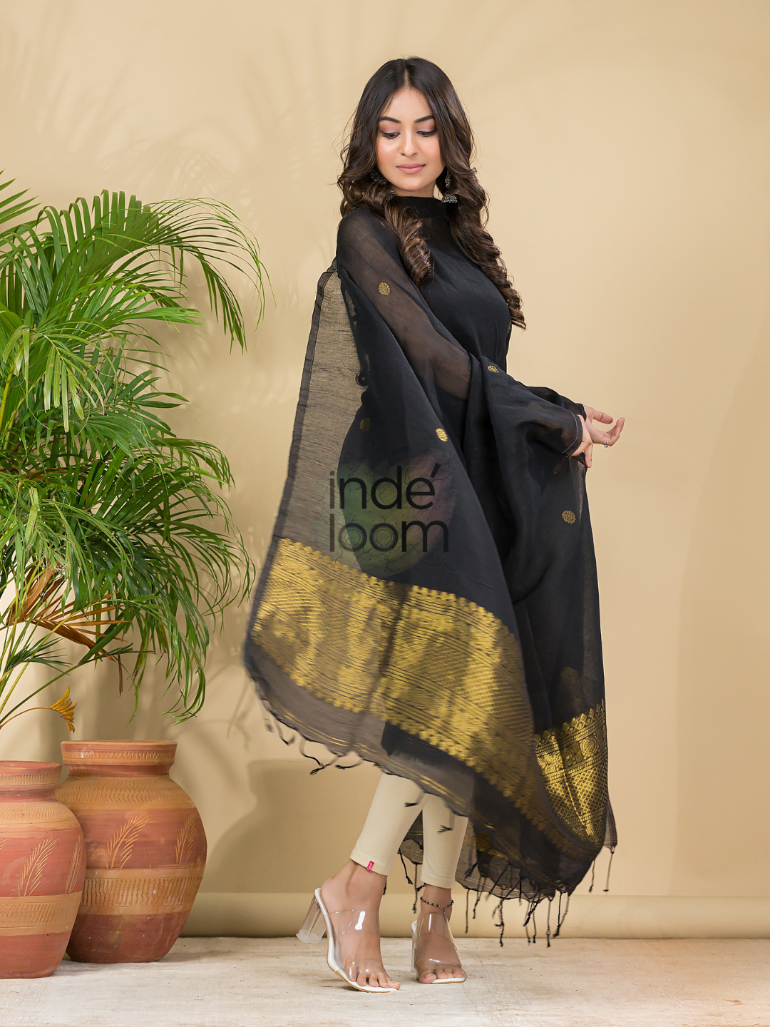 Dark Black Muslin Linen 2-Piece Set Kurti & Dupatta (UNSTITCHED) - 865