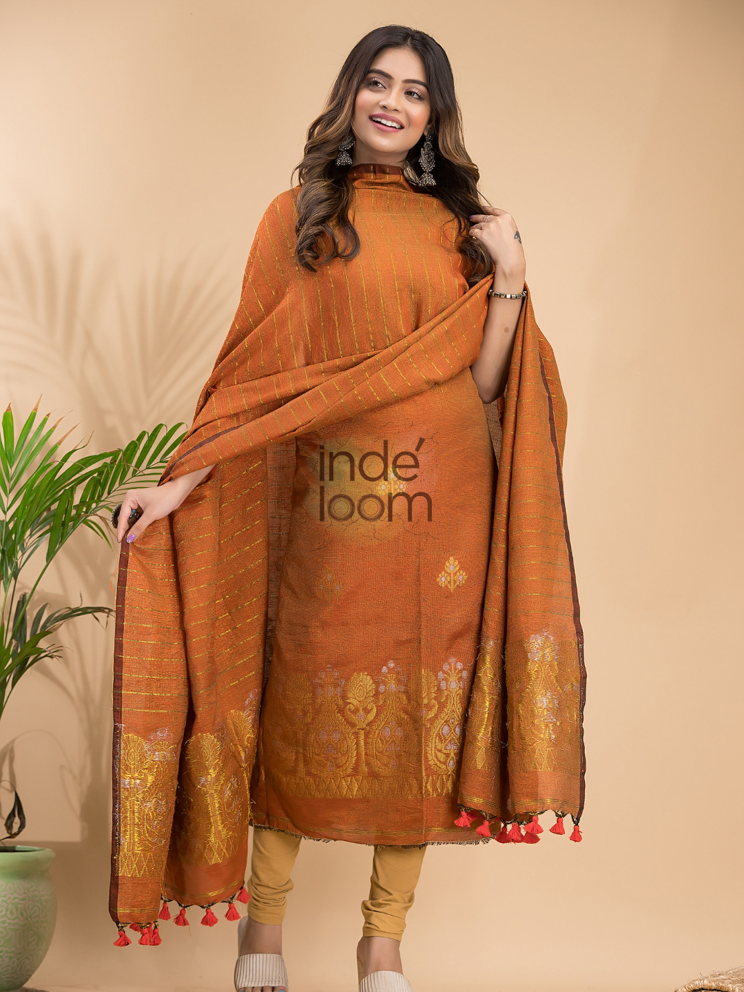 Burnt Orange Organic Linen 2-Piece Set Kurti & Dupatta (UNSTITCHED) - 045
