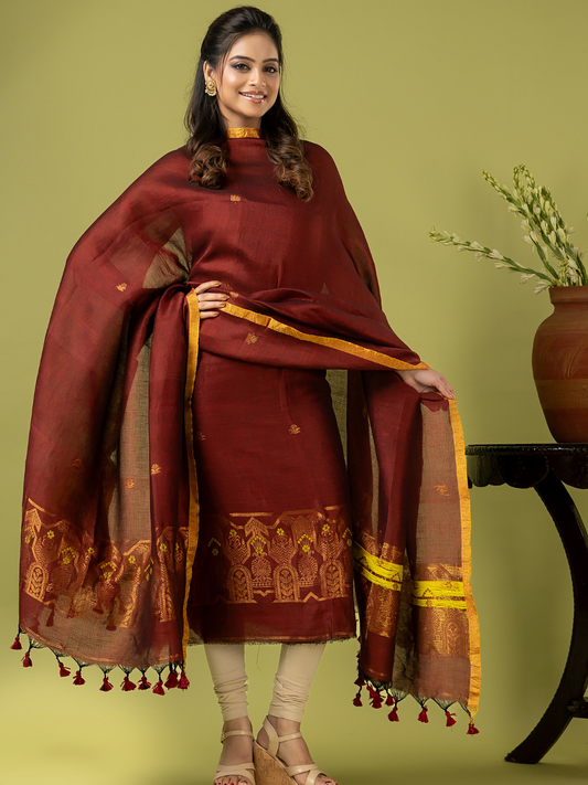 Handwoven Jamdani Linen Unstitched 2-piece Kurti | Rust Maroon