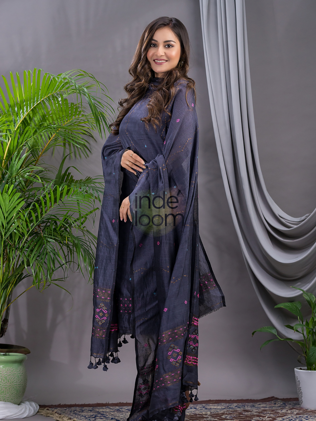 Stone Blue 120 Count Cotton Jamdani 2-Piece Set Kurti & Dupatta (UNSTITCHED) - 144