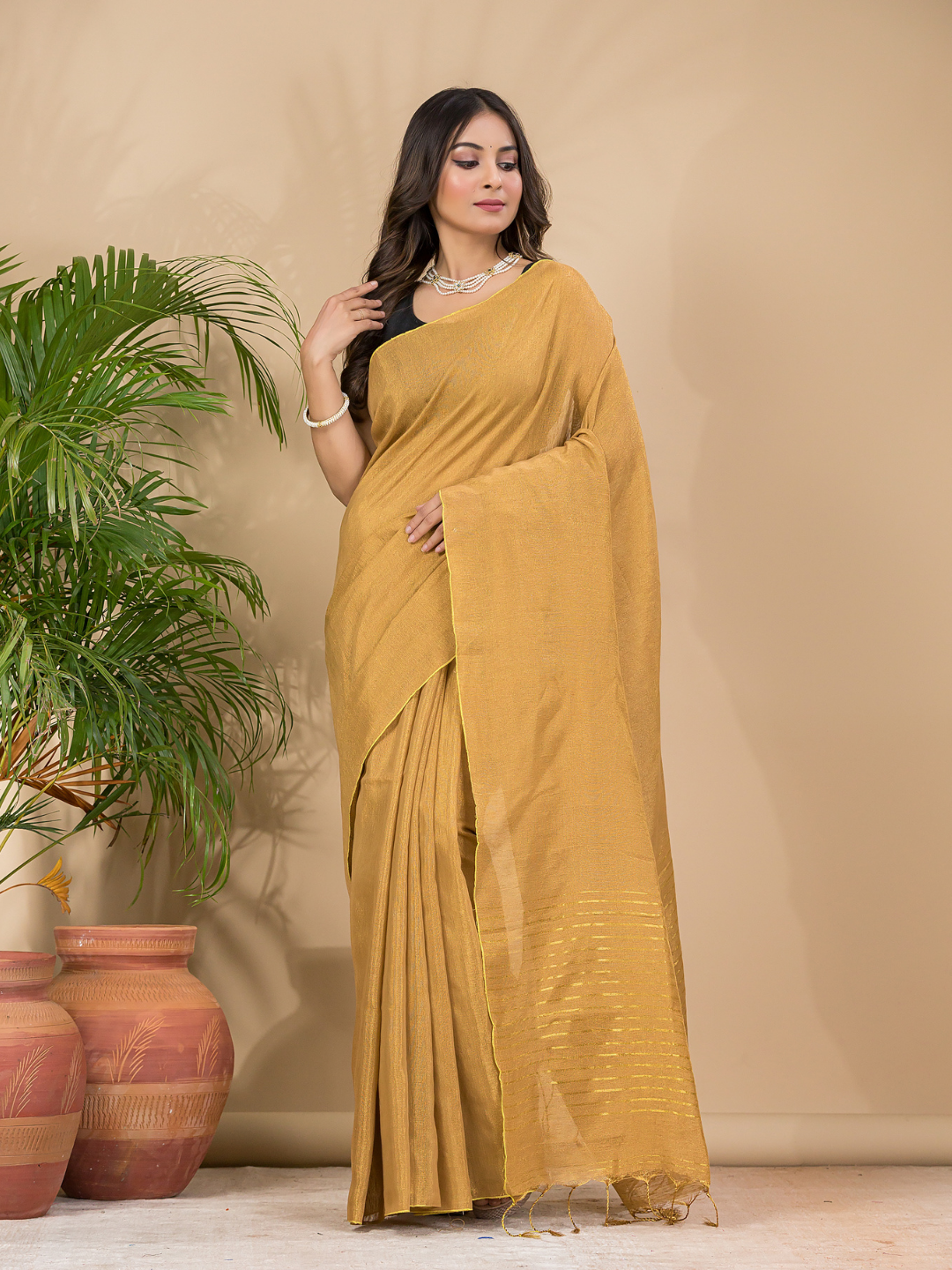 Tissue Linen Handloom Saree With Dijon Yellow - 022