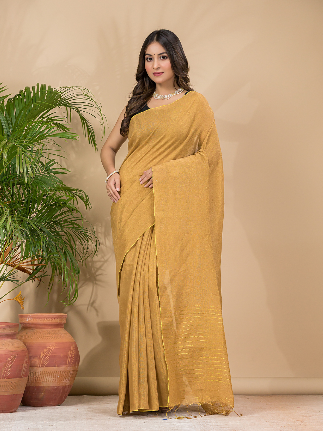 Tissue Linen Handloom Saree With Dijon Yellow - 022