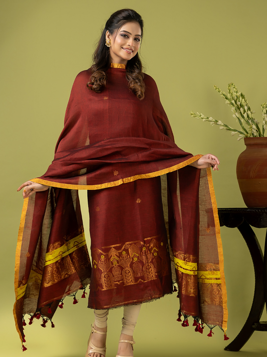 Handwoven Jamdani Linen Unstitched 2-piece Kurti | Deep Red