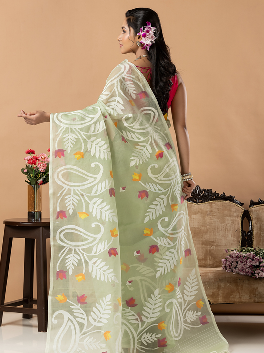 Handwoven Jamdani Muslin Silk Saree | Mint Green