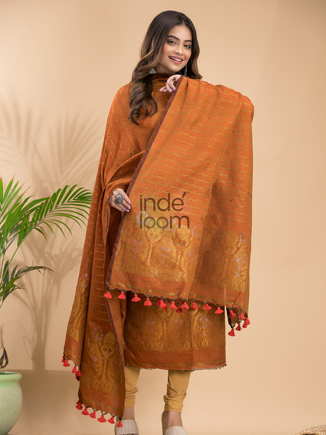 Burnt Orange Organic Linen 2-Piece Set Kurti & Dupatta (UNSTITCHED) - 045