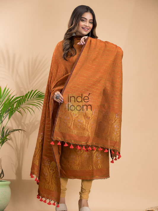 Burnt Orange Organic Linen 2-Piece Set Kurti & Dupatta (UNSTITCHED) - 045