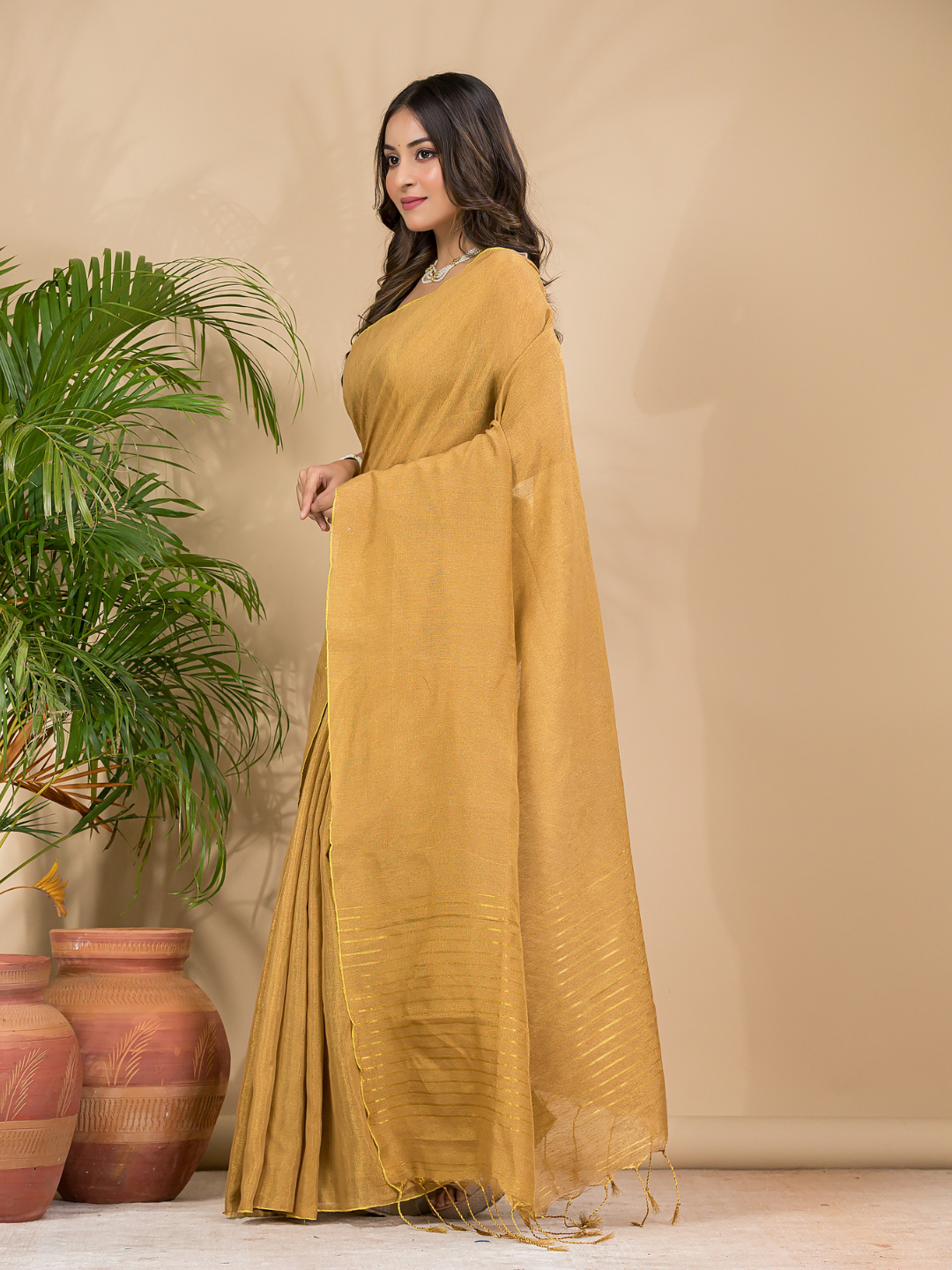Tissue Linen Handloom Saree With Dijon Yellow - 022