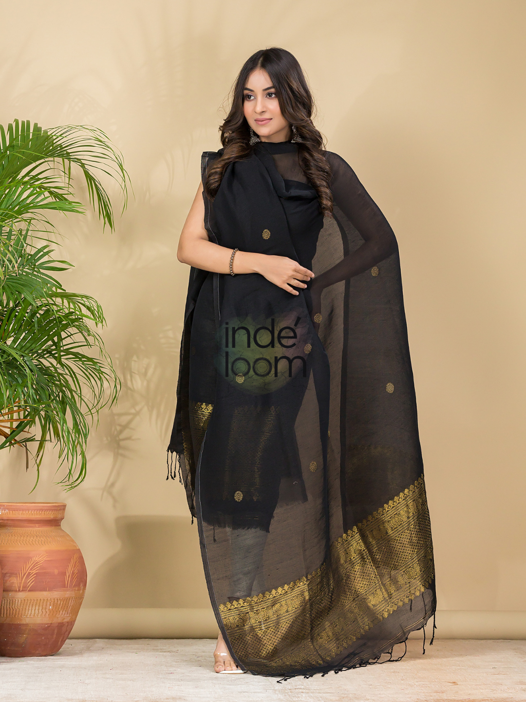 Dark Black Muslin Linen 2-Piece Set Kurti & Dupatta (UNSTITCHED) - 865