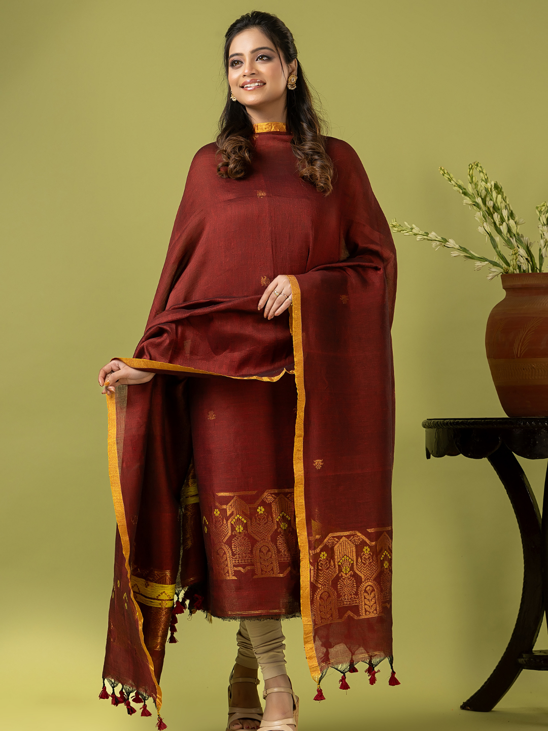 Handwoven Jamdani Linen Unstitched 2-piece Kurti | Rust Maroon