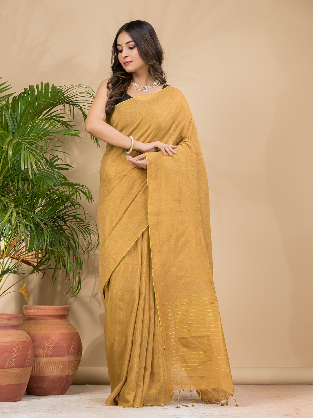 Tissue Linen Handloom Saree With Dijon Yellow - 022