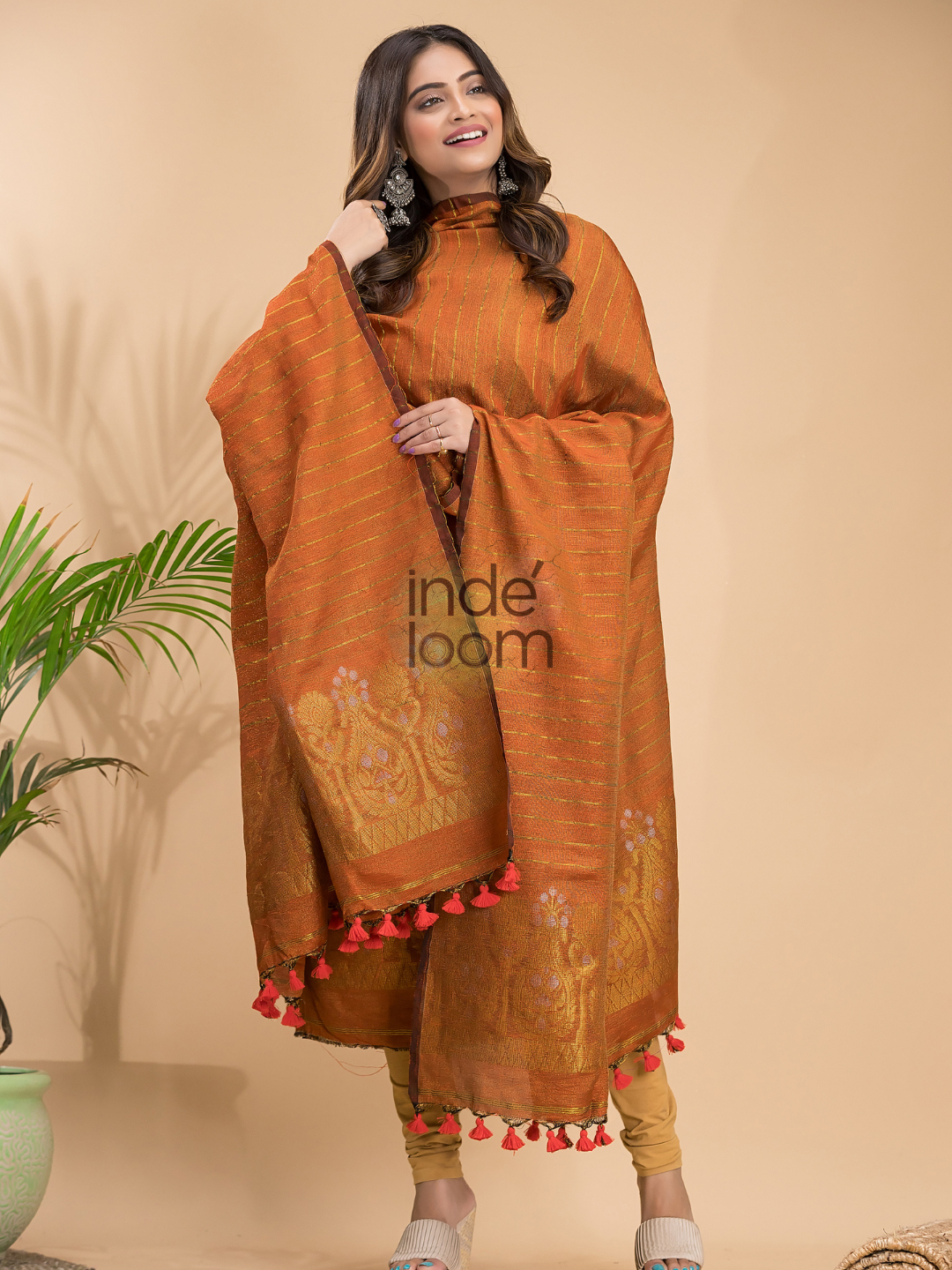Burnt Orange Organic Linen 2-Piece Set Kurti & Dupatta (UNSTITCHED) - 045