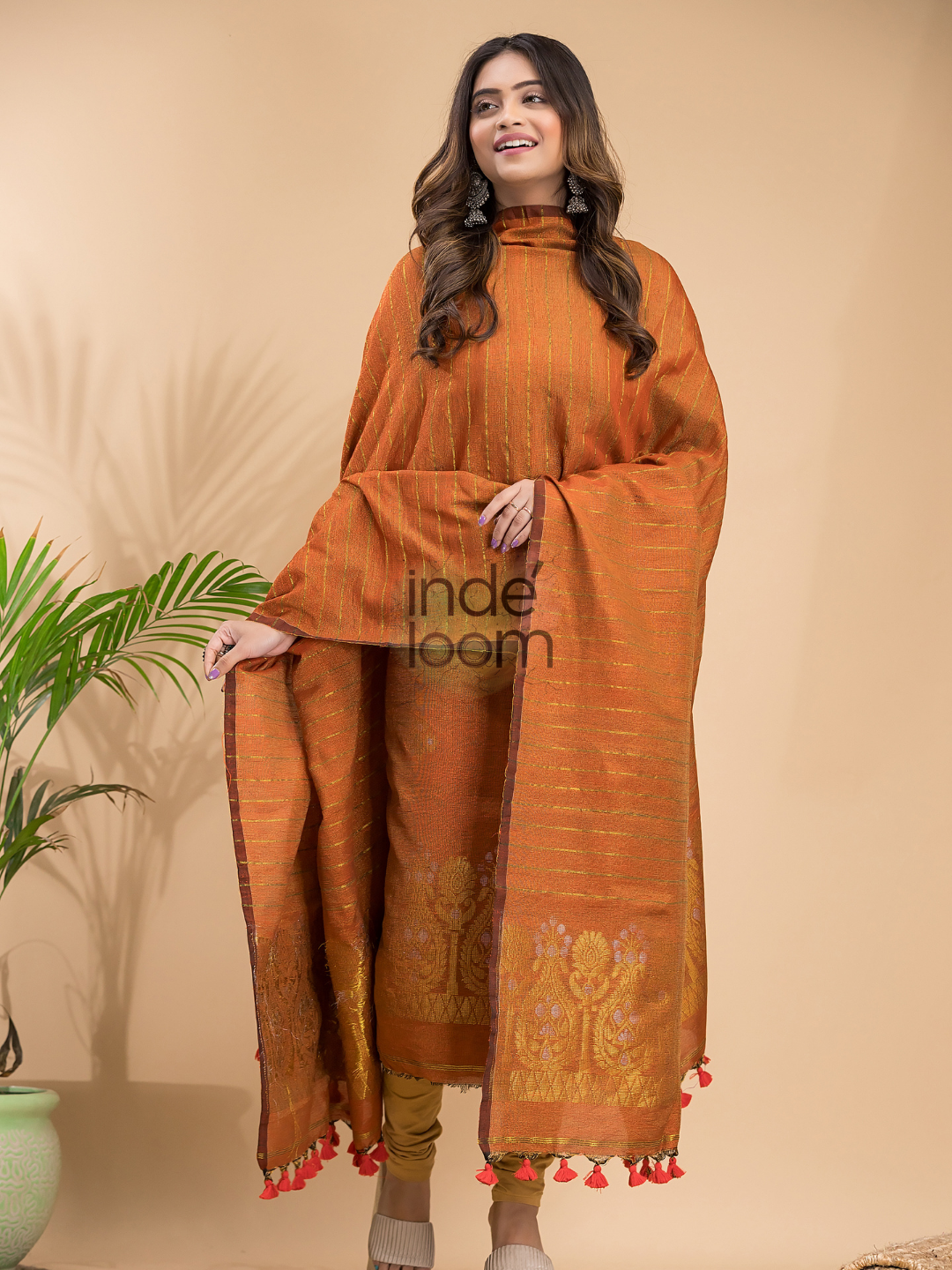Burnt Orange Organic Linen 2-Piece Set Kurti & Dupatta (UNSTITCHED) - 045