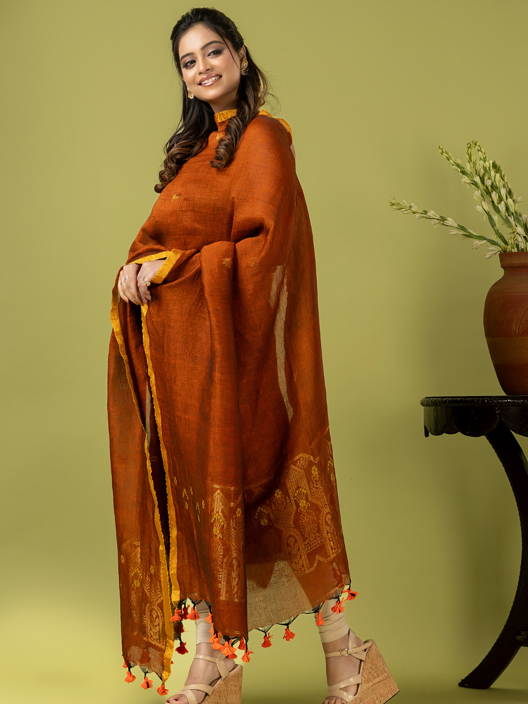 Handwoven Jamdani Linen Unstitched 2-piece Kurti | Burnt Orange
