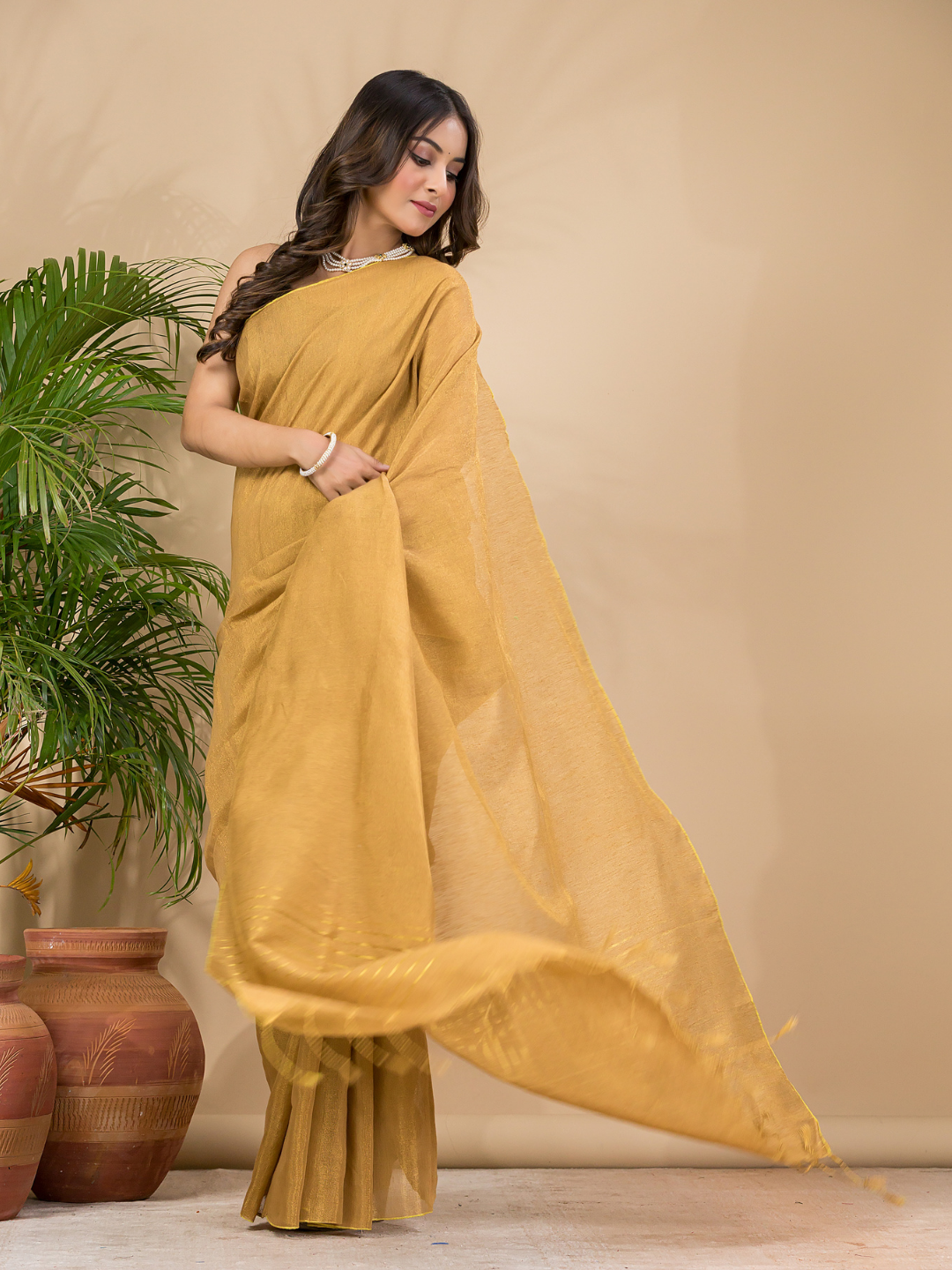 Tissue Linen Handloom Saree With Dijon Yellow - 022