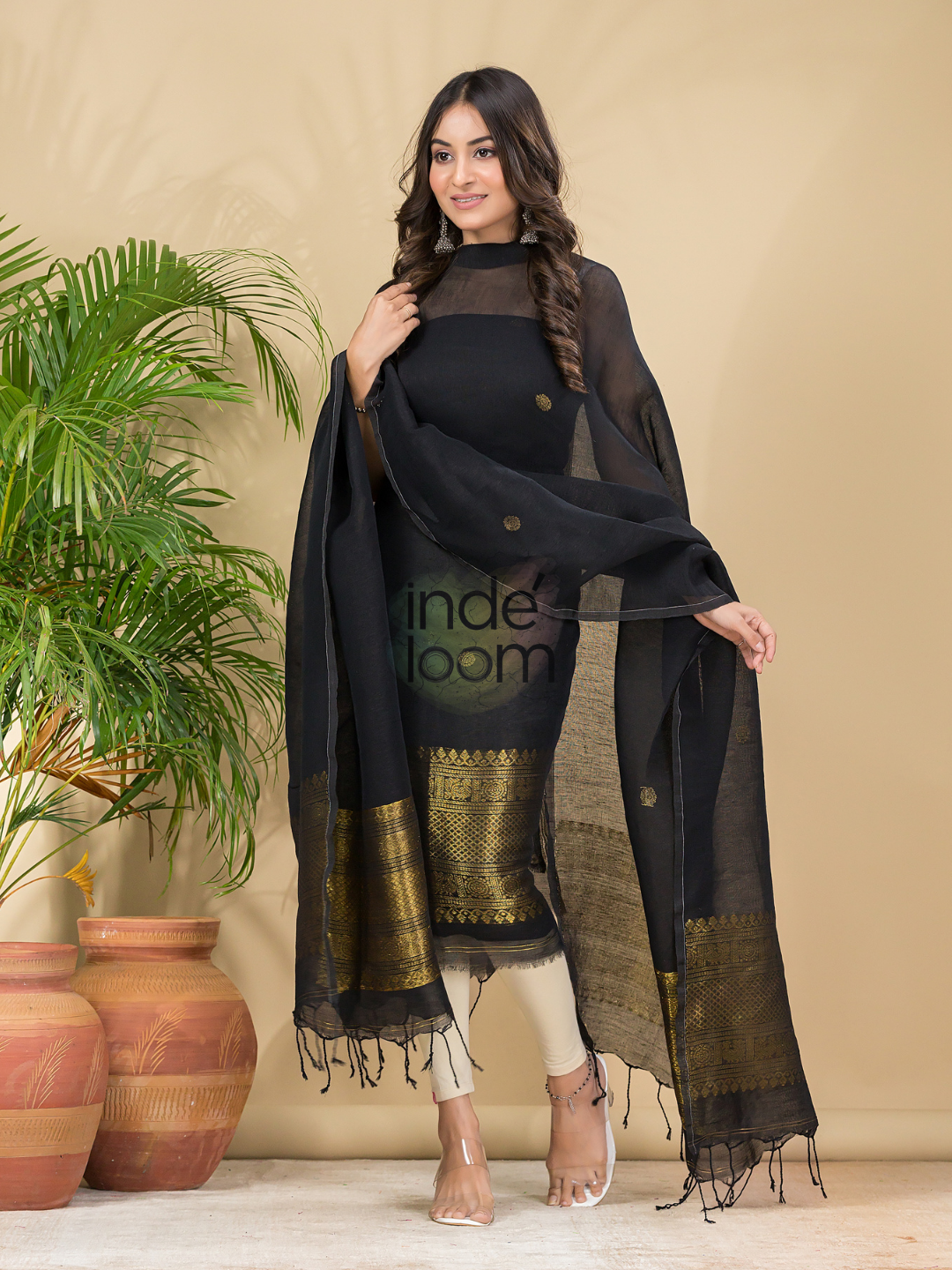 Dark Black Muslin Linen 2-Piece Set Kurti & Dupatta (UNSTITCHED) - 865