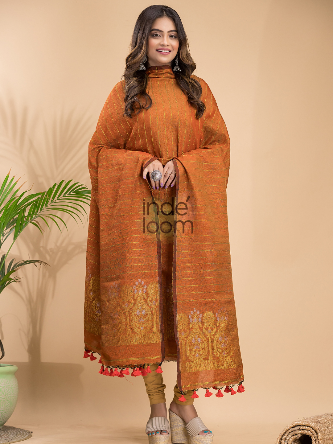 Burnt Orange Organic Linen 2-Piece Set Kurti & Dupatta (UNSTITCHED) - 045