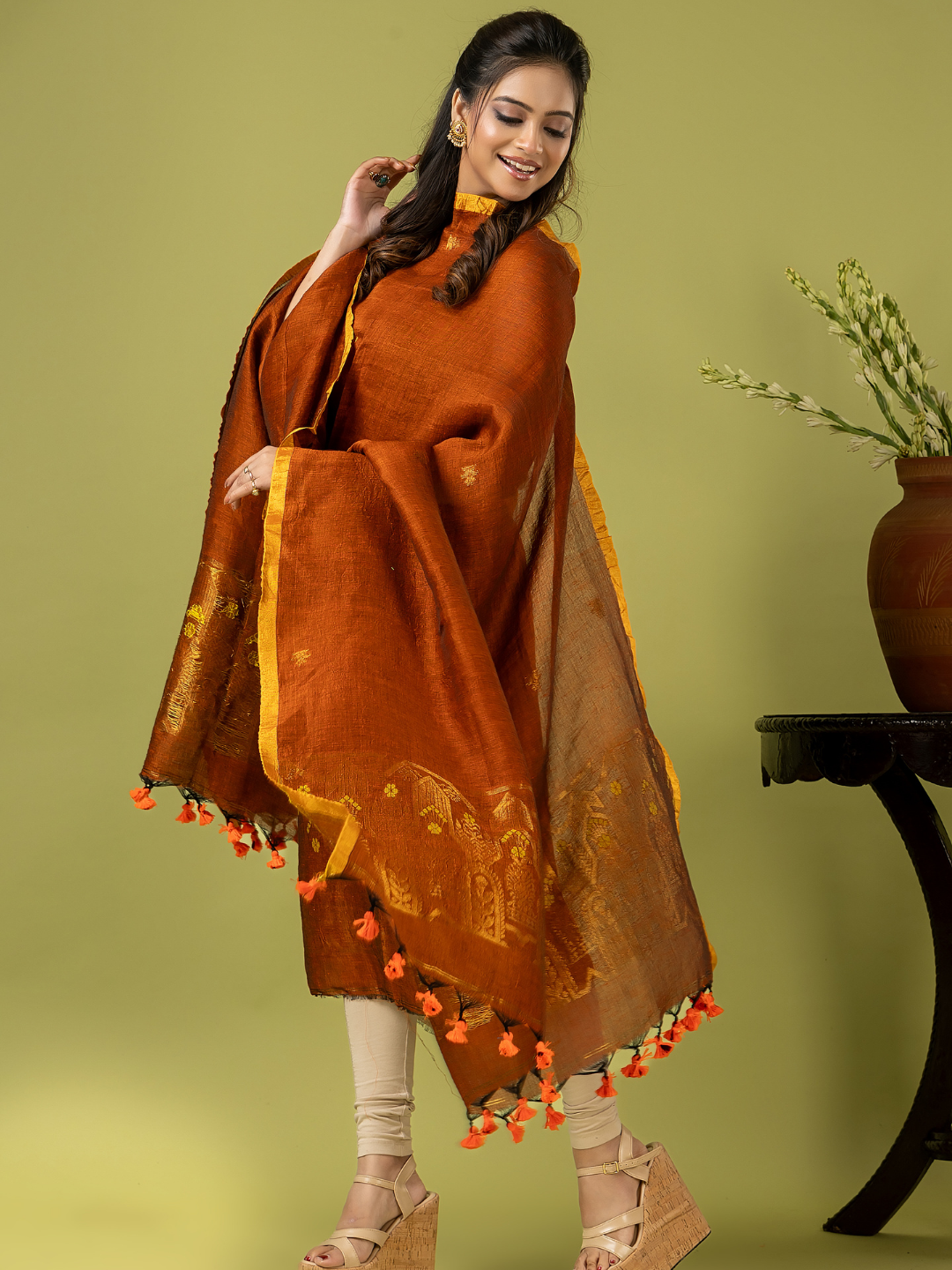 Handwoven Jamdani Linen Unstitched 2-piece Kurti | Burnt Orange