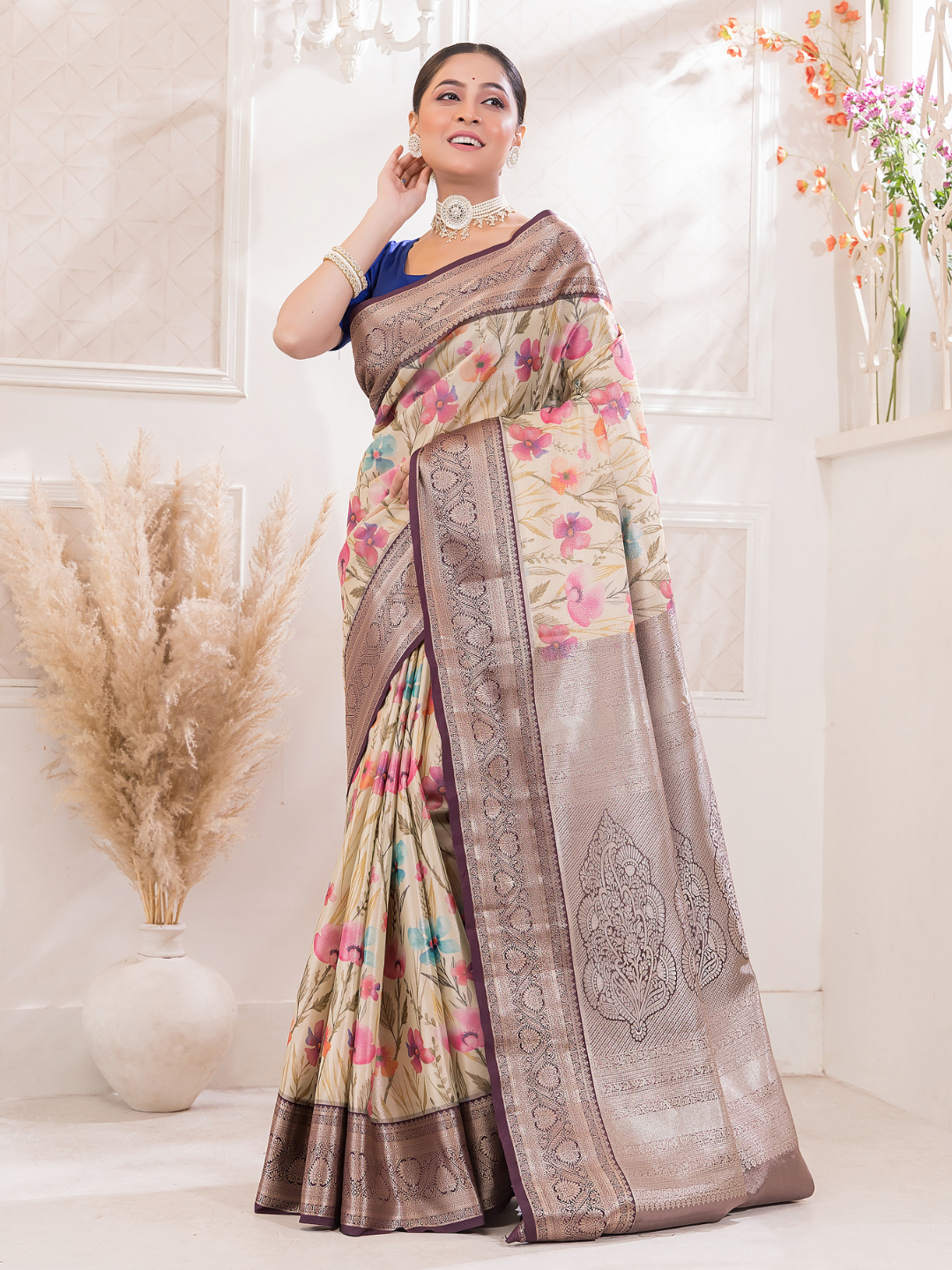 Vanalata - Earth-toned brown drape with blooming florals in digital prints