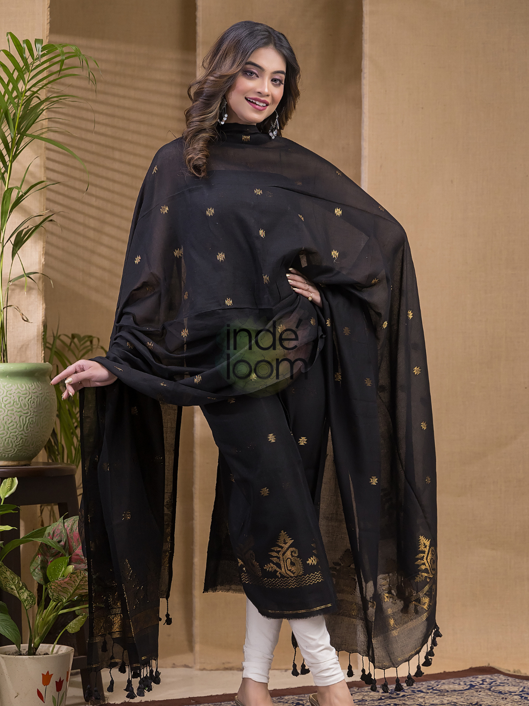Dark Black Natural Dye Cotton by Cotton (100 Count Soft Cotton) 2 Piece Set Kurti & Dupatta (UNSTITCHED) ) -656