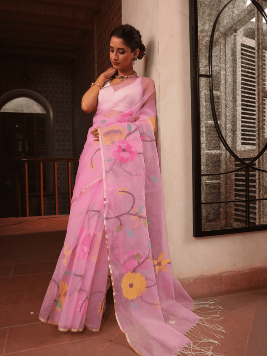 Rose Pink Pure Hand Made Jamdani Saree - 100