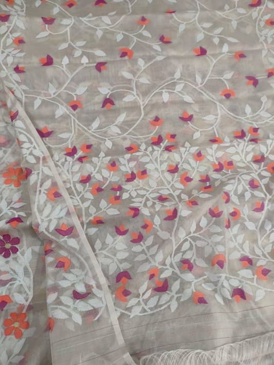 Handwoven Pure Jamdani Cotton Saree  |  Pale Grey