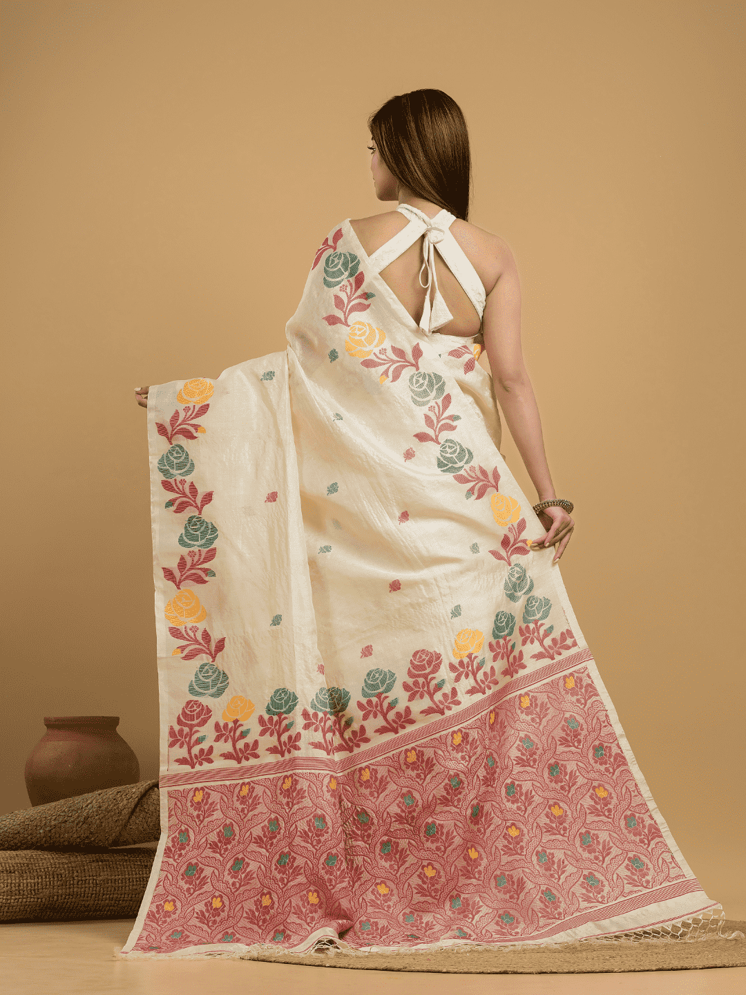 Beige Brown Matka Silk Jamdani Saree - 047 - indeloom
