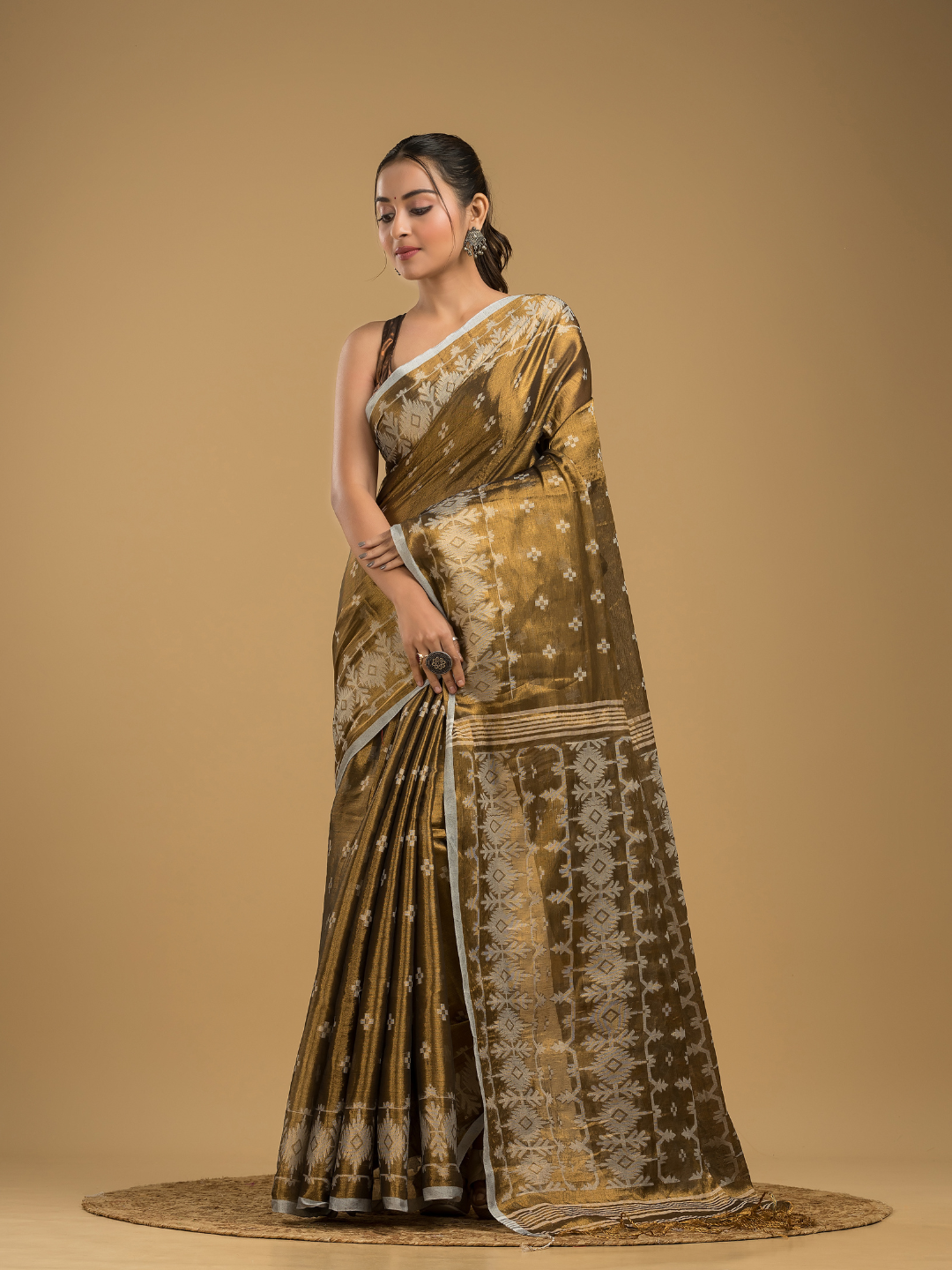Tissue Silk Jamdani Saree Dark Green -045