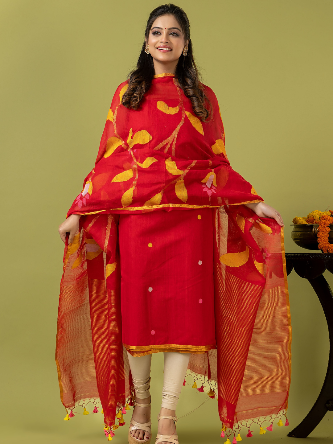 Handwoven Jamdani Silk Cotton Unstitched 2-piece Kurti | Vermilion Red