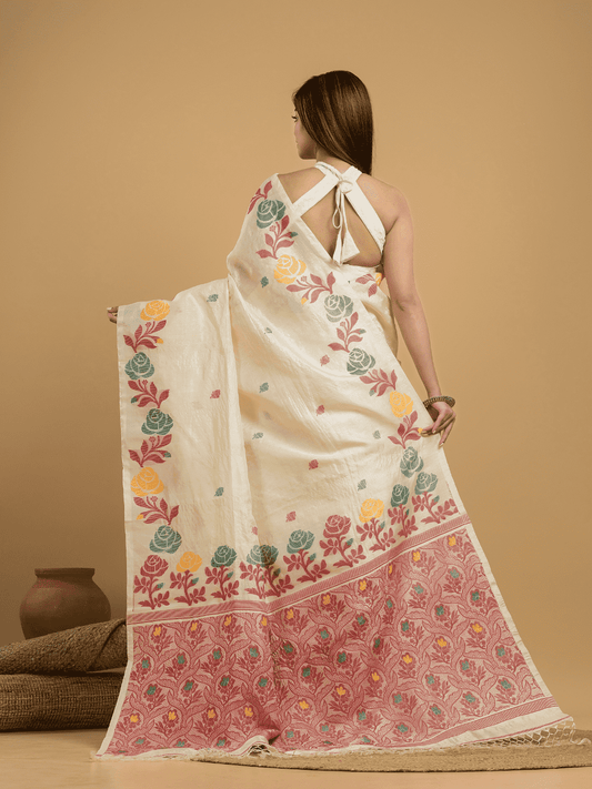 Beige Brown Matka Silk Jamdani Saree - 047 - indeloom