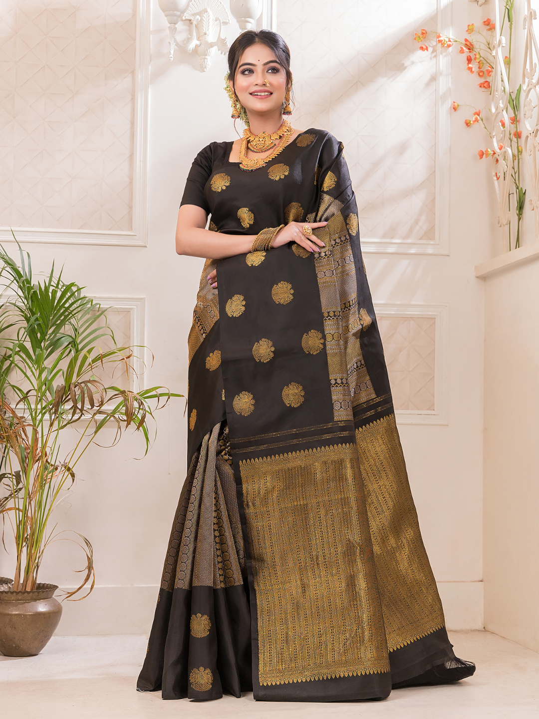Megh Vaarna - Coal Black silk with gaja and floral border
