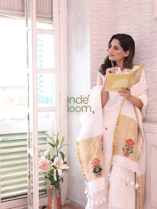Handwoven Jamdani Linen Unstitched 2-piece Kurti  |  Warm Ivory