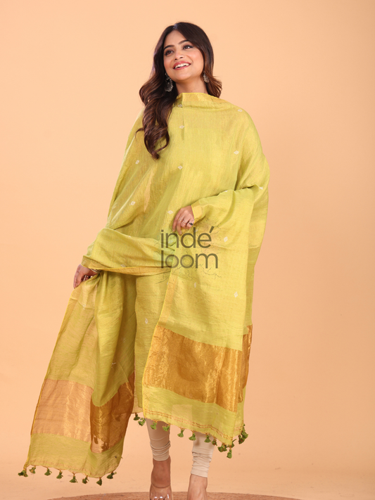 Neon Yellow Tissue Linen Jamdani 2-Piece Set Kurti & Dupatta (UNSTITCHED) - 055