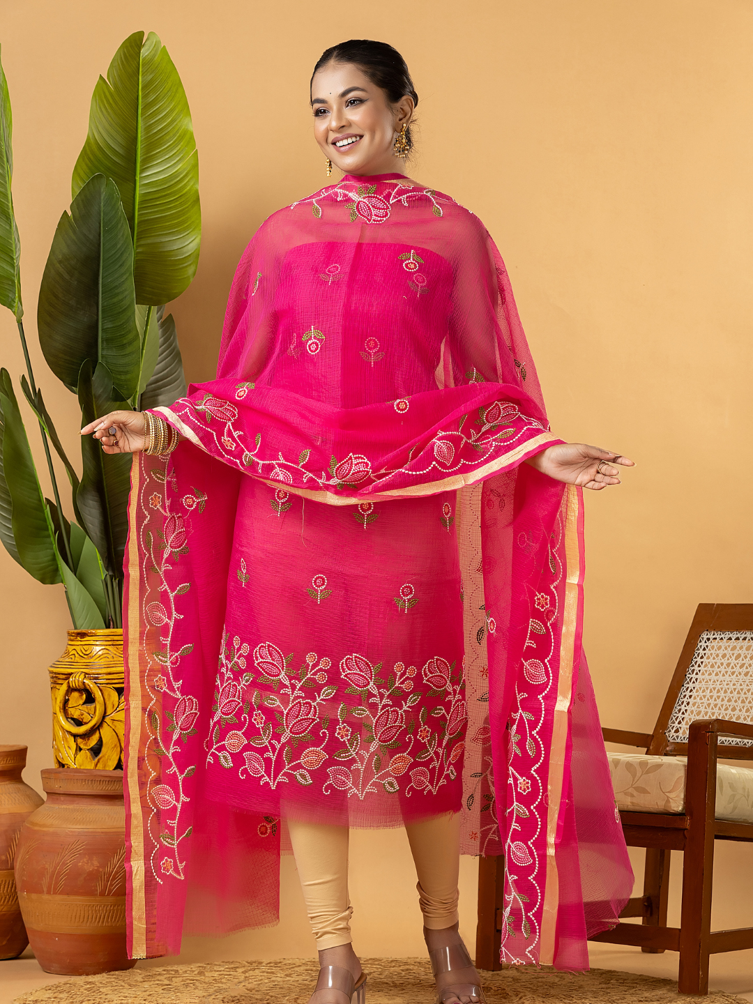 Classic Kota Doria Cotton Unstitched 2-Piece Kurti | Fuchsia