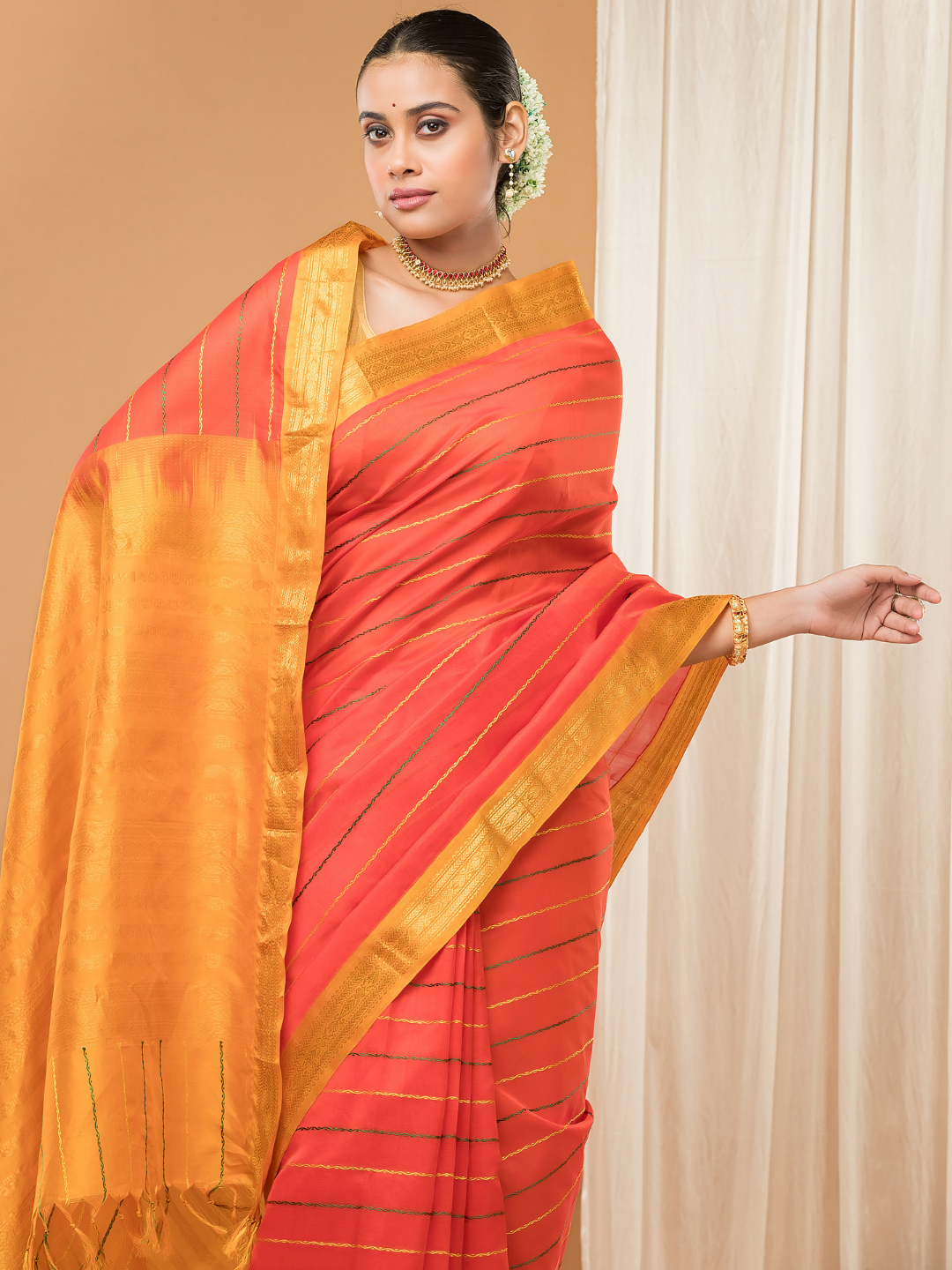 Pure Handloom Korvai Saree |Vivid Orange With Gold Broder