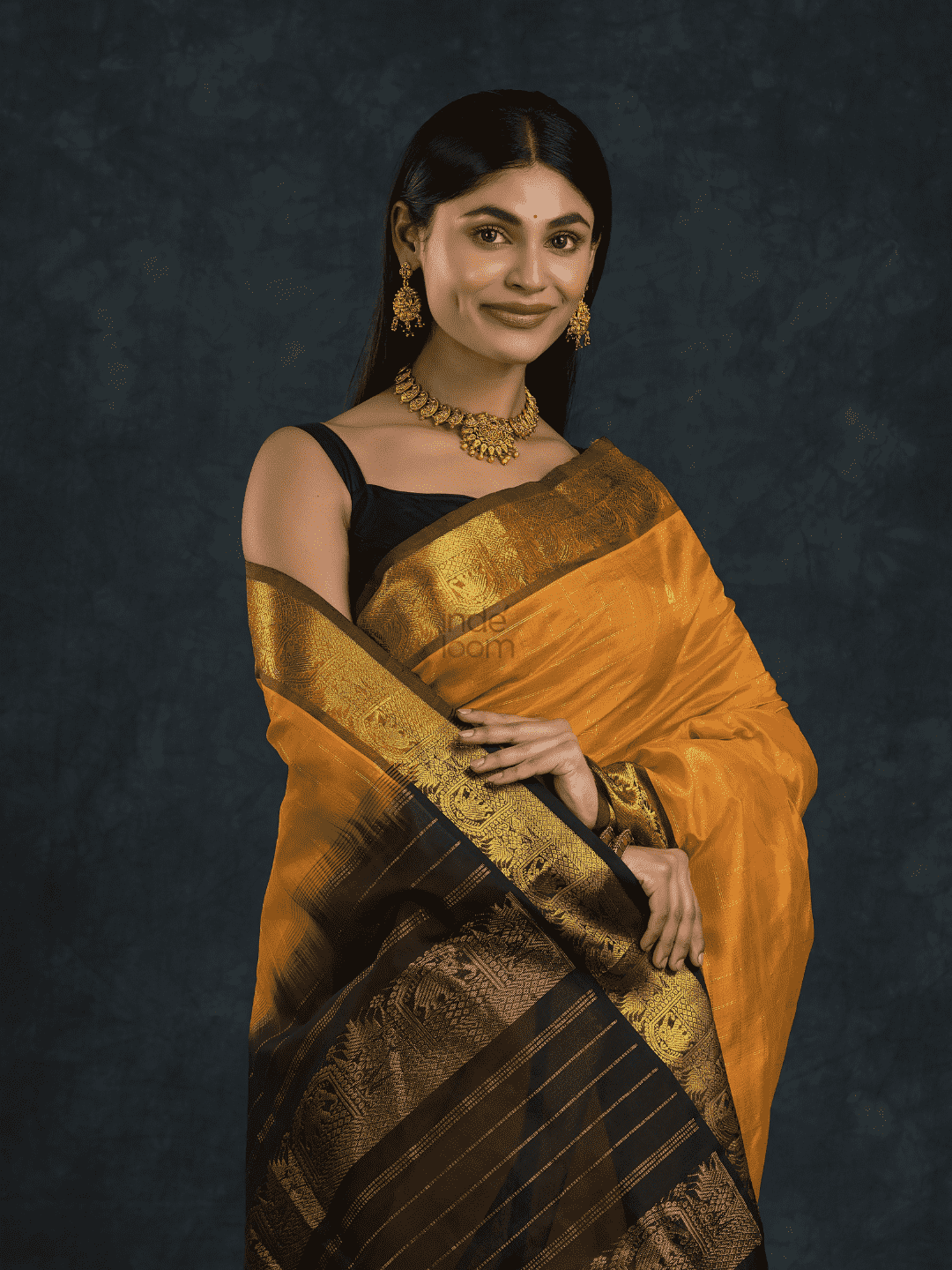 Pure Handloom Korvai Saree in Golden Yellow & Black Border In Zari Checks- 139