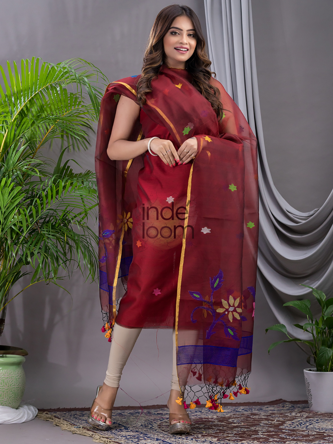 Cherry Red Cotton Silk Jamdani 2-Piece Set Kurti & Dupatta (UNSTITCHED) - 105