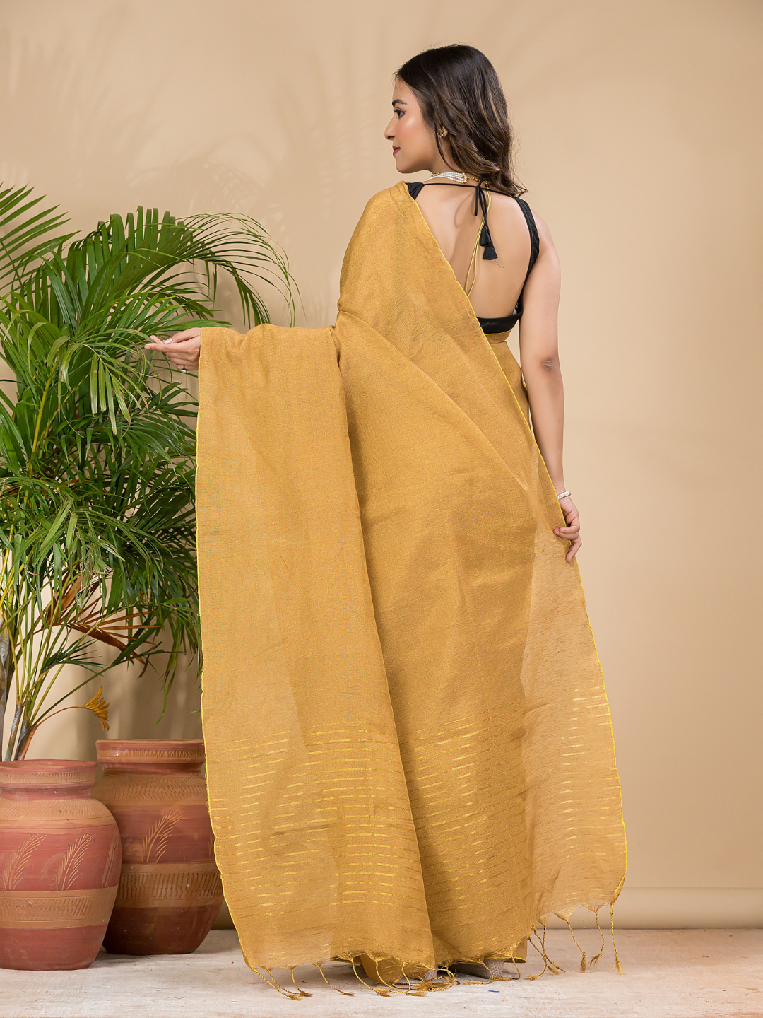 Tissue Linen Handloom Saree With Dijon Yellow - 022