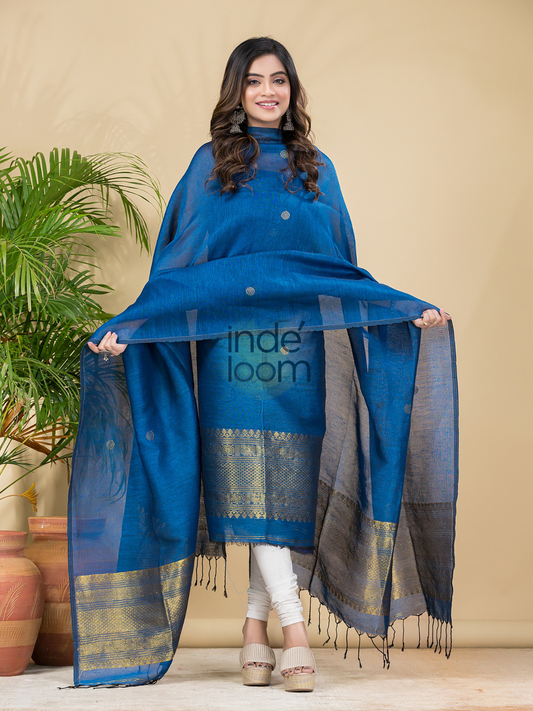 Handwoven Jamdani Linen Unstitched 2-piece Kurti  |  Denim Blue