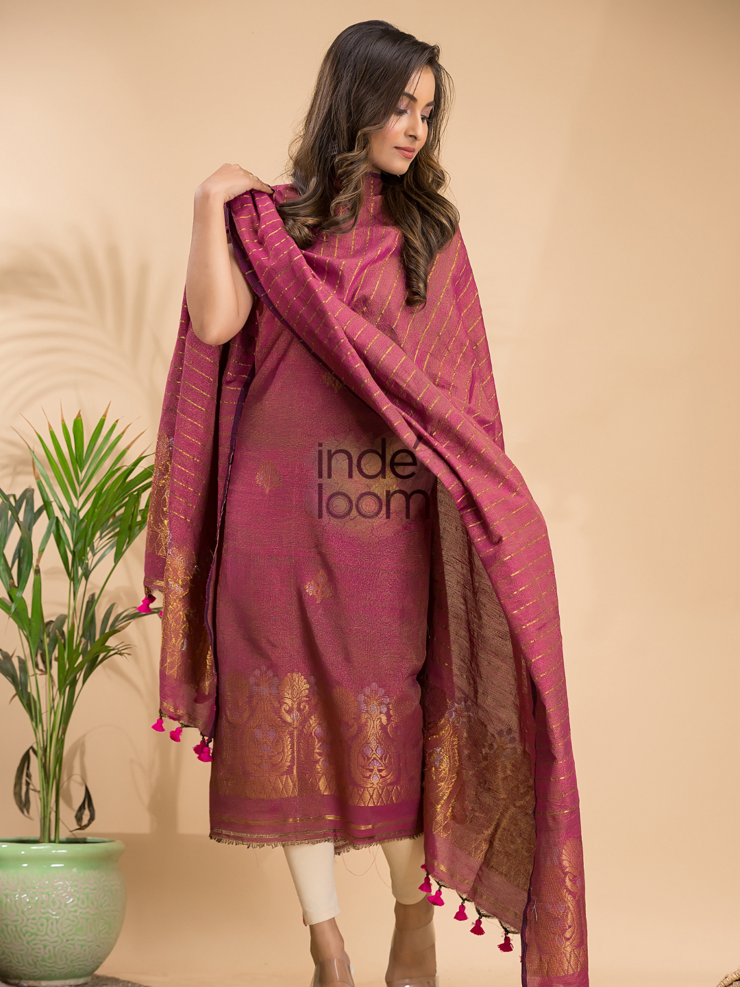 Deep Magenta | Handloom Jamdani Linen Unstitched 2-Piece Kurti | Benaras Design