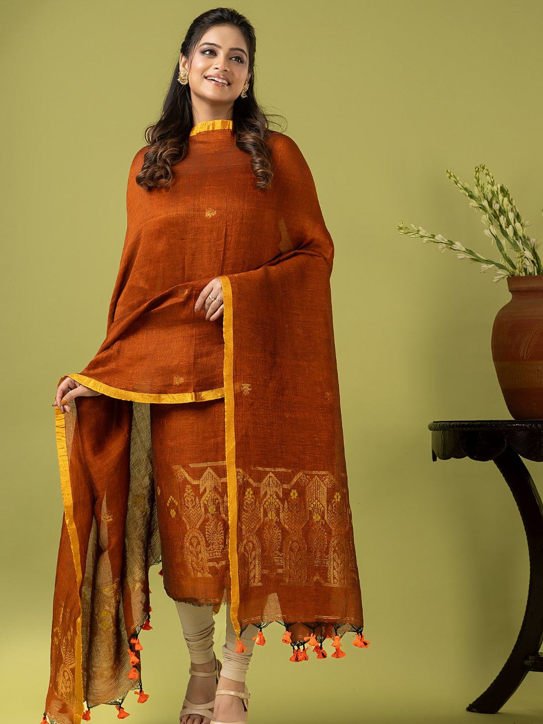 Handwoven Jamdani Linen Unstitched 2-piece Kurti | Burnt Orange