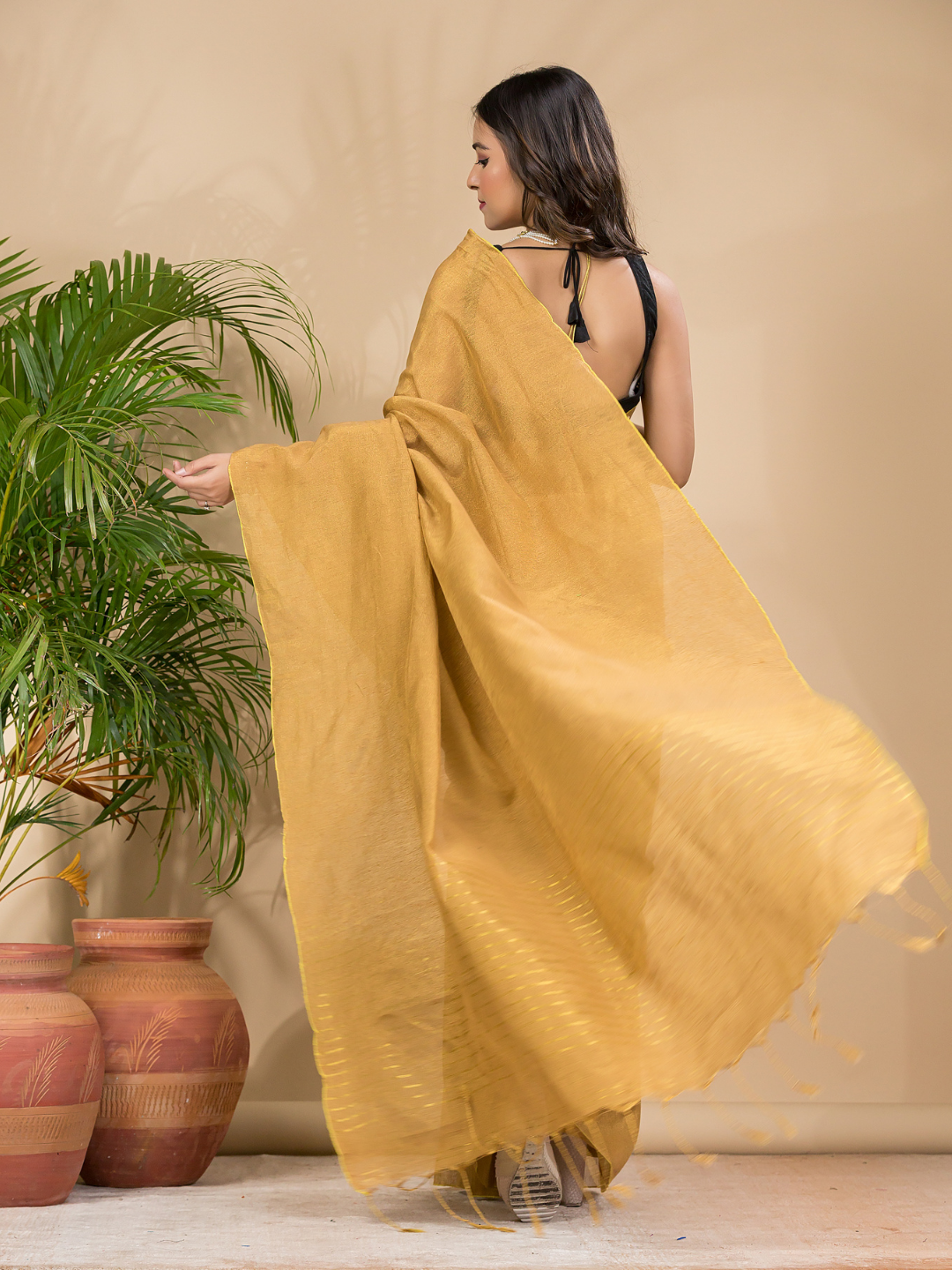 Tissue Linen Handloom Saree With Dijon Yellow - 022