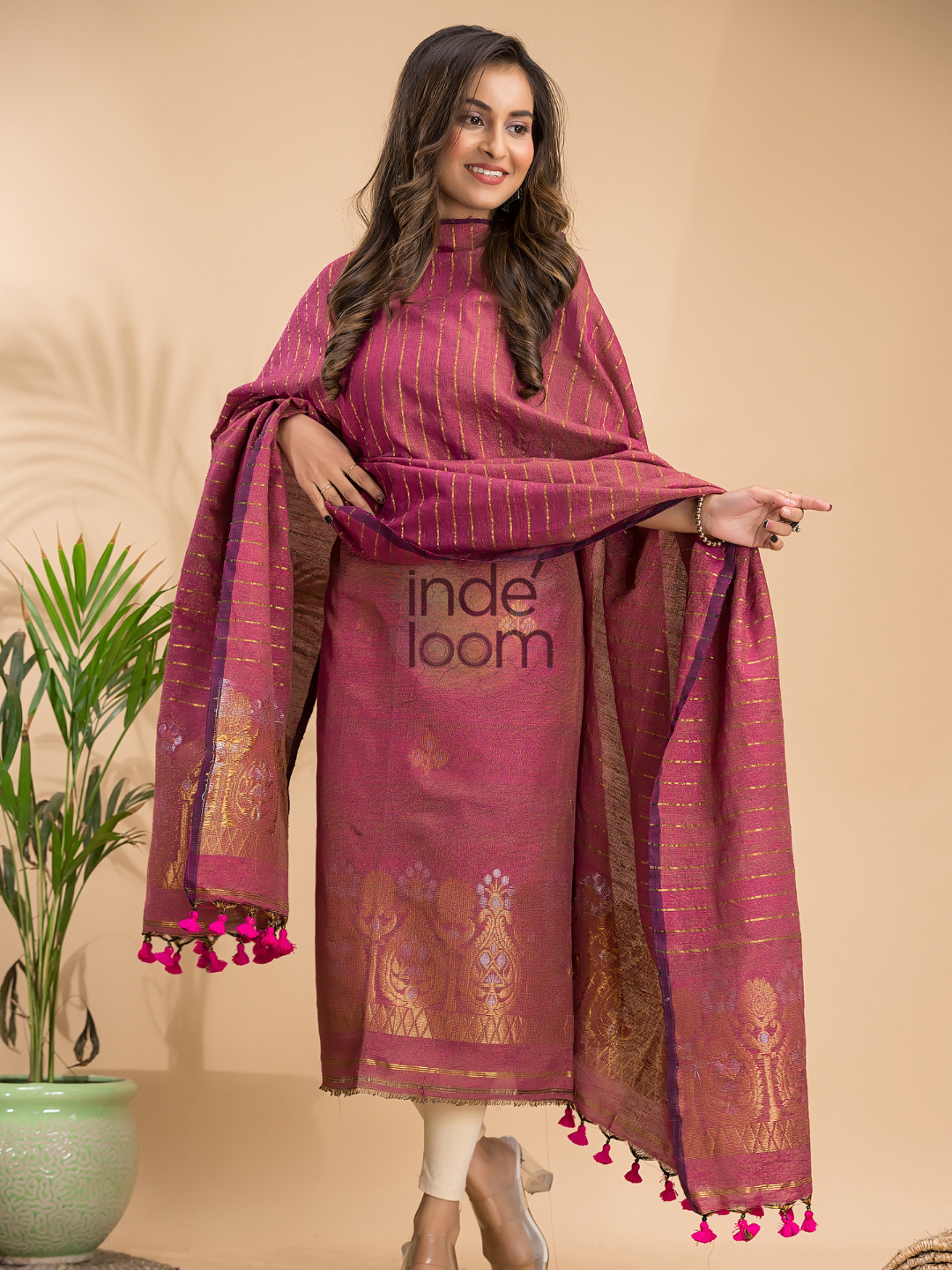 Deep Magenta | Handloom Jamdani Linen Unstitched 2-Piece Kurti | Benaras Design